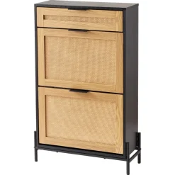 VEVOR Rattan Shoe Cabinet, Narrow Shoe Storage Organizer with 2 Flip Rattan Drawers & 1 Slide Drawer, Metal Legs, Slim Shoe Entryway Cabinet Ideal for Entryway, Closet, Hallway, Black