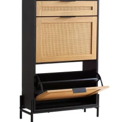 VEVOR Rattan Shoe Cabinet, Narrow Shoe Storage Organizer with 2 Flip Rattan Drawers & 1 Slide Drawer, Metal Legs, Slim Shoe Entryway Cabinet Ideal for Entryway, Closet, Hallway, Black