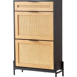 VEVOR Rattan Shoe Cabinet, Narrow Shoe Storage Organizer with 2 Flip Rattan Drawers & 1 Slide Drawer, Metal Legs, Slim Shoe Entryway Cabinet Ideal for Entryway, Closet, Hallway, Black