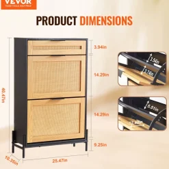 VEVOR Rattan Shoe Cabinet, Narrow Shoe Storage Organizer with 2 Flip Rattan Drawers & 1 Slide Drawer, Metal Legs, Slim Shoe Entryway Cabinet Ideal for Entryway, Closet, Hallway, Black