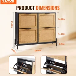 VEVOR Rattan Shoe Cabinet, Narrow Shoe Storage Organizer with 4 Flip Drawers, Slim Shoe Entryway Storage Cabinet with Metal Legs, Ideal for Entryway, Closet, Hallway, Light Wood Color