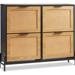VEVOR Rattan Shoe Cabinet, Narrow Shoe Storage Organizer with 4 Flip Drawers, Slim Shoe Entryway Storage Cabinet with Metal Legs, Ideal for Entryway, Closet, Hallway, Light Wood Color