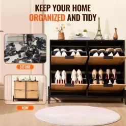 VEVOR Rattan Shoe Cabinet, Narrow Shoe Storage Organizer with 4 Flip Drawers, Slim Shoe Entryway Storage Cabinet with Metal Legs, Ideal for Entryway, Closet, Hallway, Light Wood Color