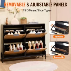 VEVOR Rattan Shoe Cabinet, Narrow Shoe Storage Organizer with 4 Flip Drawers, Slim Shoe Entryway Storage Cabinet with Metal Legs, Ideal for Entryway, Closet, Hallway, Light Wood Color