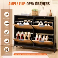 VEVOR Rattan Shoe Cabinet, Narrow Shoe Storage Organizer with 4 Flip Drawers, Slim Shoe Entryway Storage Cabinet with Metal Legs, Ideal for Entryway, Closet, Hallway, Light Wood Color