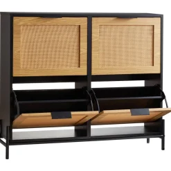 VEVOR Rattan Shoe Cabinet, Narrow Shoe Storage Organizer with 4 Flip Drawers, Slim Shoe Entryway Storage Cabinet with Metal Legs, Ideal for Entryway, Closet, Hallway, Light Wood Color