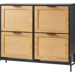 VEVOR Rattan Shoe Cabinet, Narrow Shoe Storage Organizer with 4 Flip Drawers, Slim Shoe Entryway Storage Cabinet with Metal Legs, Ideal for Entryway, Closet, Hallway, Light Wood Color