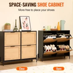 VEVOR Rattan Shoe Cabinet, Narrow Shoe Storage Organizer with 4 Flip Drawers, Slim Shoe Entryway Storage Cabinet with Metal Legs, Ideal for Entryway, Closet, Hallway, Light Wood Color