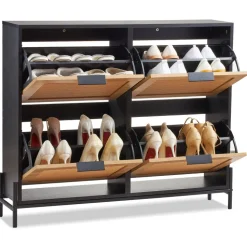 VEVOR Rattan Shoe Cabinet, Narrow Shoe Storage Organizer with 4 Flip Drawers, Slim Shoe Entryway Storage Cabinet with Metal Legs, Ideal for Entryway, Closet, Hallway, Light Wood Color