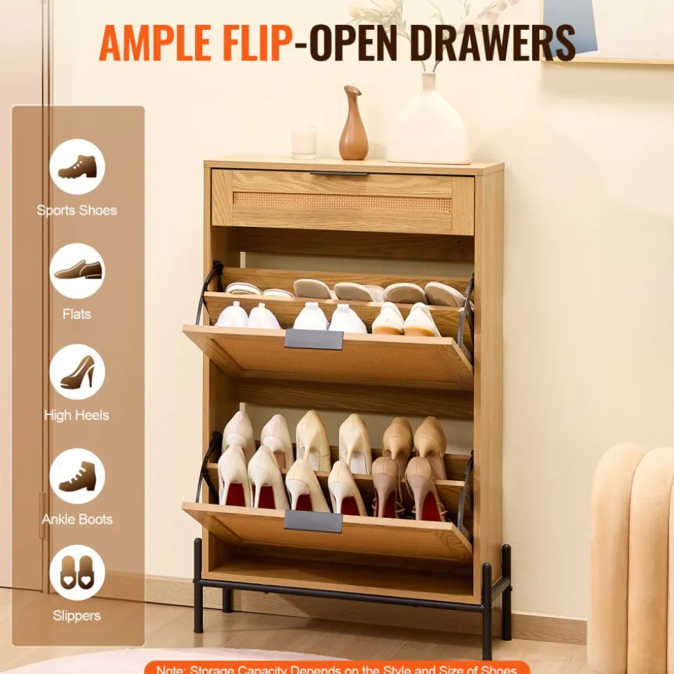 VEVOR Rattan Shoe Cabinet, Narrow Shoe Storage Organizer with 2 Flip Rattan Drawers & 1 Slide Drawer, Metal Legs, Slim Shoe Entryway Cabinet Ideal for Entryway, Closet, Hallway, Light Wood Color