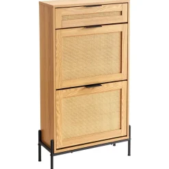 VEVOR Rattan Shoe Cabinet, Narrow Shoe Storage Organizer with 2 Flip Rattan Drawers & 1 Slide Drawer, Metal Legs, Slim Shoe Entryway Cabinet Ideal for Entryway, Closet, Hallway, Light Wood Color