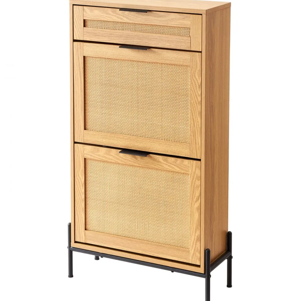 VEVOR Rattan Shoe Cabinet, Narrow Shoe Storage Organizer with 2 Flip Rattan Drawers & 1 Slide Drawer, Metal Legs, Slim Shoe Entryway Cabinet Ideal for Entryway, Closet, Hallway, Light Wood Color