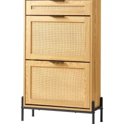 VEVOR Rattan Shoe Cabinet, Narrow Shoe Storage Organizer with 2 Flip Rattan Drawers & 1 Slide Drawer, Metal Legs, Slim Shoe Entryway Cabinet Ideal for Entryway, Closet, Hallway, Light Wood Color