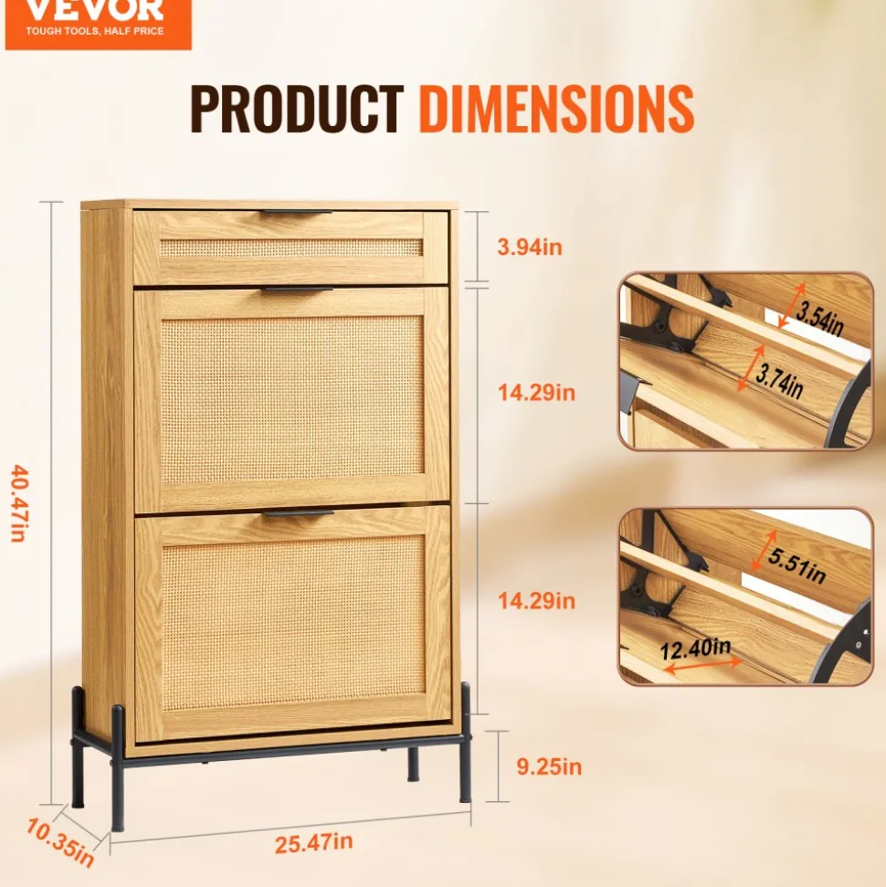VEVOR Rattan Shoe Cabinet, Narrow Shoe Storage Organizer with 2 Flip Rattan Drawers & 1 Slide Drawer, Metal Legs, Slim Shoe Entryway Cabinet Ideal for Entryway, Closet, Hallway, Light Wood Color