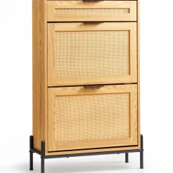 VEVOR Rattan Shoe Cabinet, Narrow Shoe Storage Organizer with 2 Flip Rattan Drawers & 1 Slide Drawer, Metal Legs, Slim Shoe Entryway Cabinet Ideal for Entryway, Closet, Hallway, Light Wood Color
