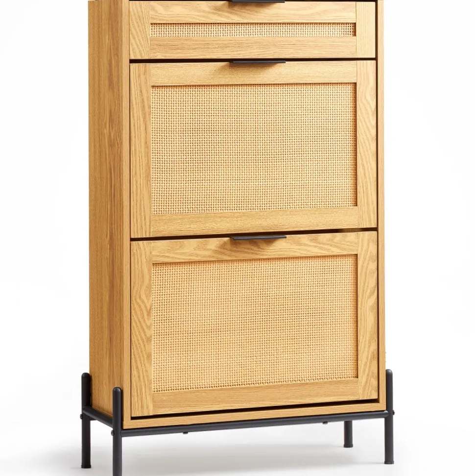 VEVOR Rattan Shoe Cabinet, Narrow Shoe Storage Organizer with 2 Flip Rattan Drawers & 1 Slide Drawer, Metal Legs, Slim Shoe Entryway Cabinet Ideal for Entryway, Closet, Hallway, Light Wood Color