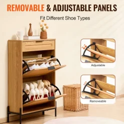 VEVOR Rattan Shoe Cabinet, Narrow Shoe Storage Organizer with 2 Flip Rattan Drawers & 1 Slide Drawer, Metal Legs, Slim Shoe Entryway Cabinet Ideal for Entryway, Closet, Hallway, Light Wood Color