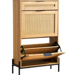 VEVOR Rattan Shoe Cabinet, Narrow Shoe Storage Organizer with 2 Flip Rattan Drawers & 1 Slide Drawer, Metal Legs, Slim Shoe Entryway Cabinet Ideal for Entryway, Closet, Hallway, Light Wood Color