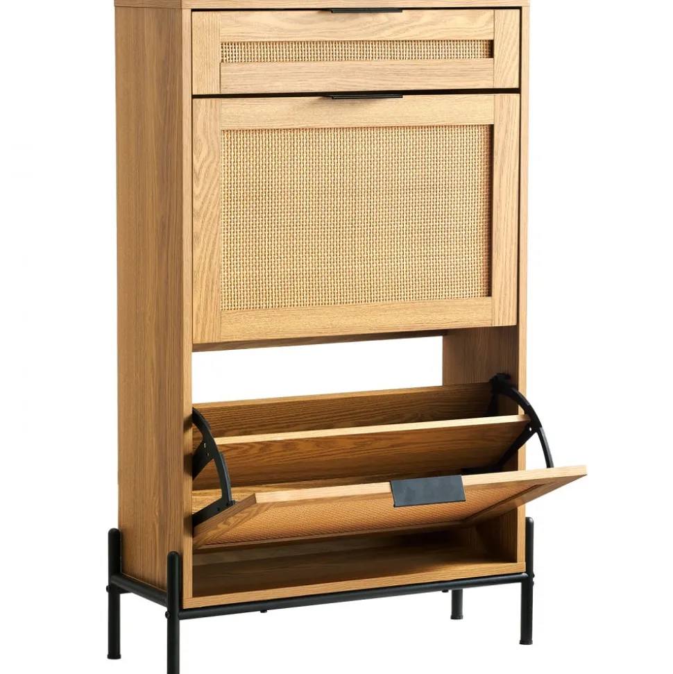 VEVOR Rattan Shoe Cabinet, Narrow Shoe Storage Organizer with 2 Flip Rattan Drawers & 1 Slide Drawer, Metal Legs, Slim Shoe Entryway Cabinet Ideal for Entryway, Closet, Hallway, Light Wood Color