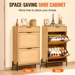VEVOR Rattan Shoe Cabinet, Narrow Shoe Storage Organizer with 2 Flip Rattan Drawers & 1 Slide Drawer, Metal Legs, Slim Shoe Entryway Cabinet Ideal for Entryway, Closet, Hallway, Light Wood Color