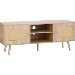 VEVOR Rattan TV Stand, Boho TV Cabinet for 55 inch TV, Mid Century Modern TV Stand, Rattan TV Console with Adjustable Shelfs for  Living Room, Media Room, Oak