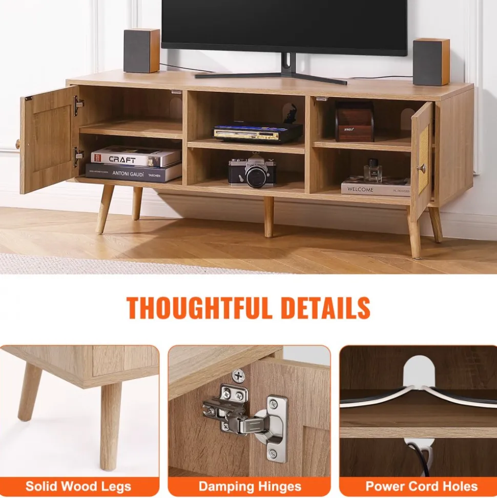 VEVOR Rattan TV Stand, Boho TV Cabinet for 55 inch TV, Mid Century Modern TV Stand, Rattan TV Console with Adjustable Shelfs for Living Room, Media Room, Oak