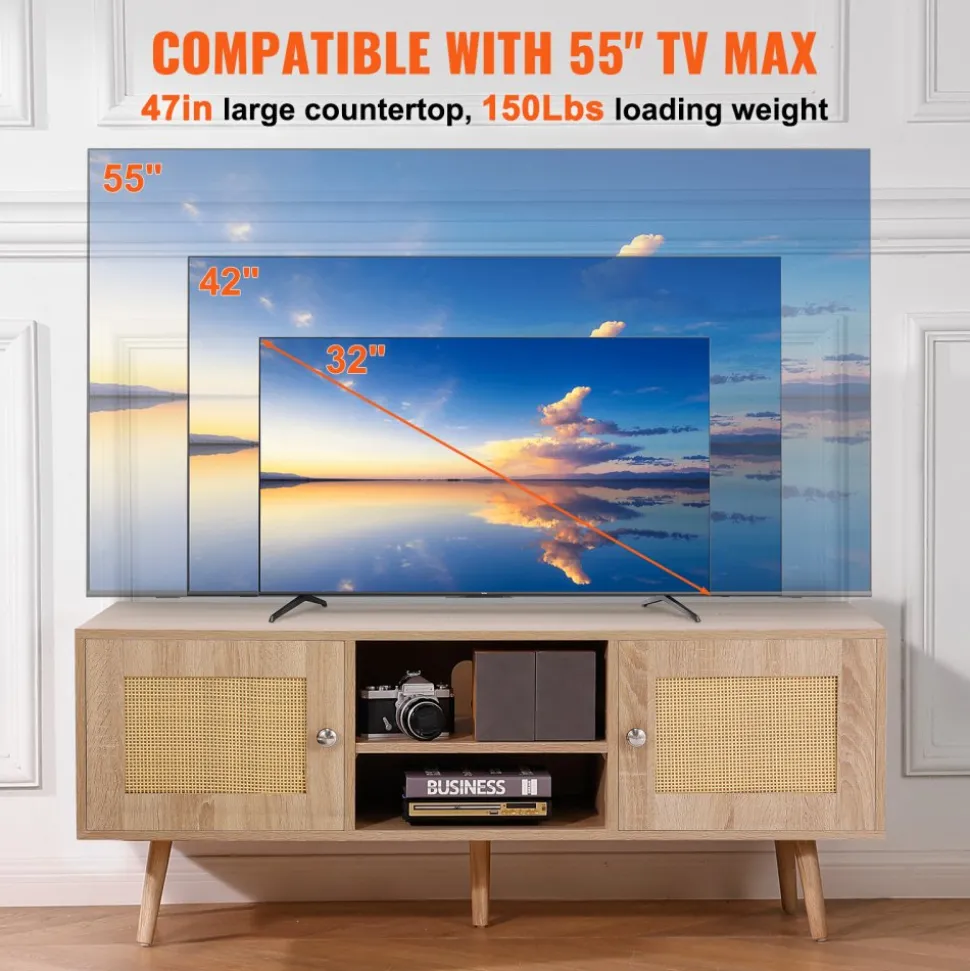 VEVOR Rattan TV Stand, Boho TV Cabinet for 55 inch TV, Mid Century Modern TV Stand, Rattan TV Console with Adjustable Shelfs for Living Room, Media Room, Oak