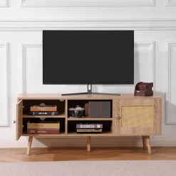 VEVOR Rattan TV Stand, Boho TV Cabinet for 55 inch TV, Mid Century Modern TV Stand, Rattan TV Console with Adjustable Shelfs for Living Room, Media Room, Oak