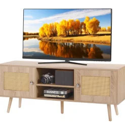 VEVOR Rattan TV Stand, Boho TV Cabinet for 55 inch TV, Mid Century Modern TV Stand, Rattan TV Console with Adjustable Shelfs for Living Room, Media Room, Oak