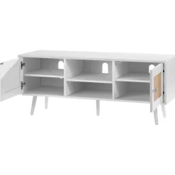 VEVOR Rattan TV Stand, Boho TV Cabinet for 55 inch TV, Mid Century Modern TV Stand, Rattan TV Console with Adjustable Shelfs for  Living Room, Media Room, Black