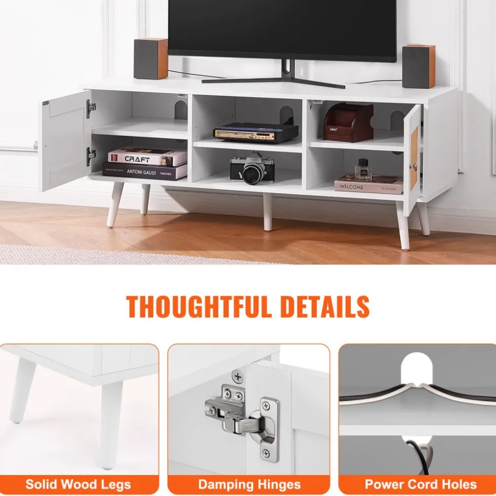 VEVOR Rattan TV Stand, Boho TV Cabinet for 55 inch TV, Mid Century Modern TV Stand, Rattan TV Console with Adjustable Shelfs for Living Room, Media Room, Black