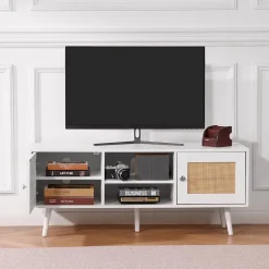VEVOR Rattan TV Stand, Boho TV Cabinet for 55 inch TV, Mid Century Modern TV Stand, Rattan TV Console with Adjustable Shelfs for Living Room, Media Room, Black