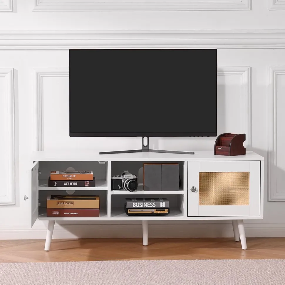 VEVOR Rattan TV Stand, Boho TV Cabinet for 55 inch TV, Mid Century Modern TV Stand, Rattan TV Console with Adjustable Shelfs for Living Room, Media Room, Black