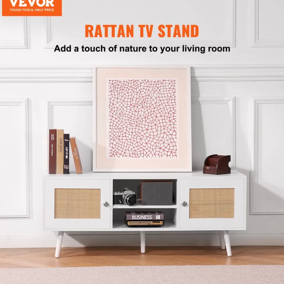 VEVOR Rattan TV Stand, Boho TV Cabinet for 55 inch TV, Mid Century Modern TV Stand, Rattan TV Console with Adjustable Shelfs for Living Room, Media Room, Black