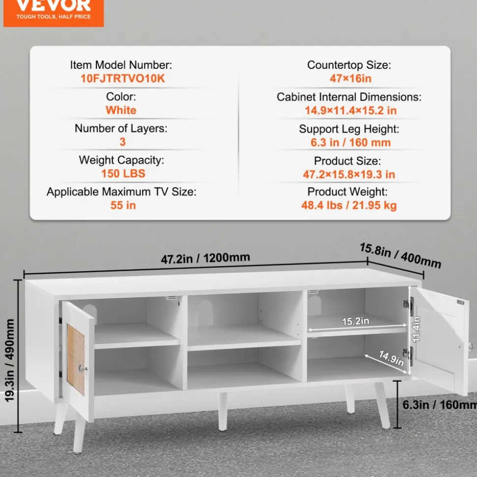 VEVOR Rattan TV Stand, Boho TV Cabinet for 55 inch TV, Mid Century Modern TV Stand, Rattan TV Console with Adjustable Shelfs for Living Room, Media Room, Black
