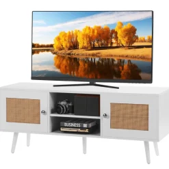 VEVOR Rattan TV Stand, Boho TV Cabinet for 55 inch TV, Mid Century Modern TV Stand, Rattan TV Console with Adjustable Shelfs for Living Room, Media Room, Black