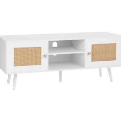 VEVOR Rattan TV Stand, Boho TV Cabinet for 55 inch TV, Mid Century Modern TV Stand, Rattan TV Console with Adjustable Shelfs for Living Room, Media Room, Black