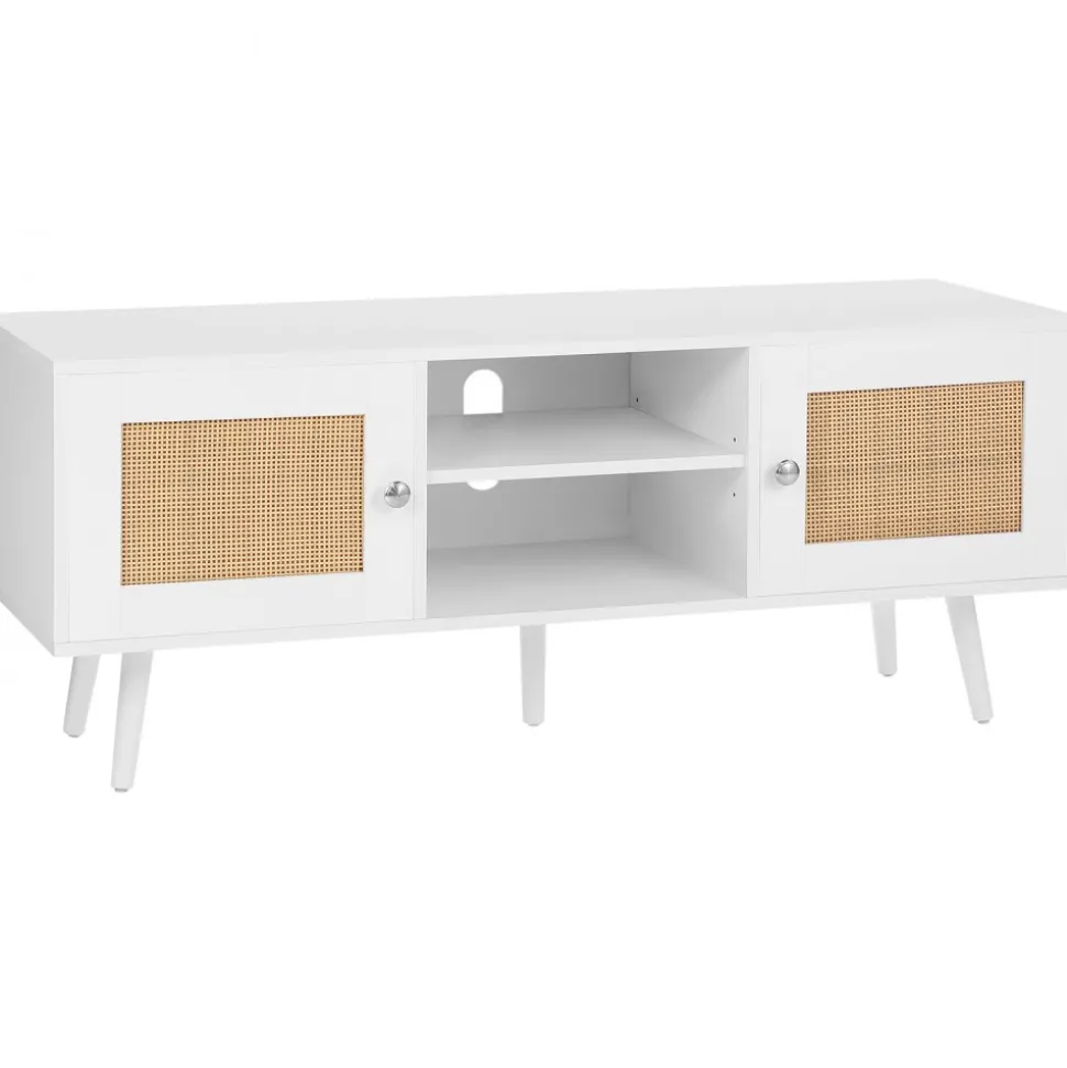 VEVOR Rattan TV Stand, Boho TV Cabinet for 55 inch TV, Mid Century Modern TV Stand, Rattan TV Console with Adjustable Shelfs for Living Room, Media Room, Black