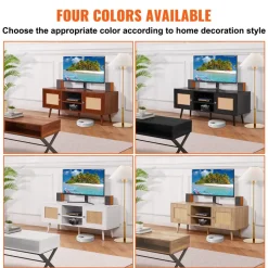 VEVOR Rattan TV Stand, Boho TV Cabinet for 55 inch TV, Mid Century Modern TV Stand, Rattan TV Console with Adjustable Shelfs for Living Room, Media Room, Black