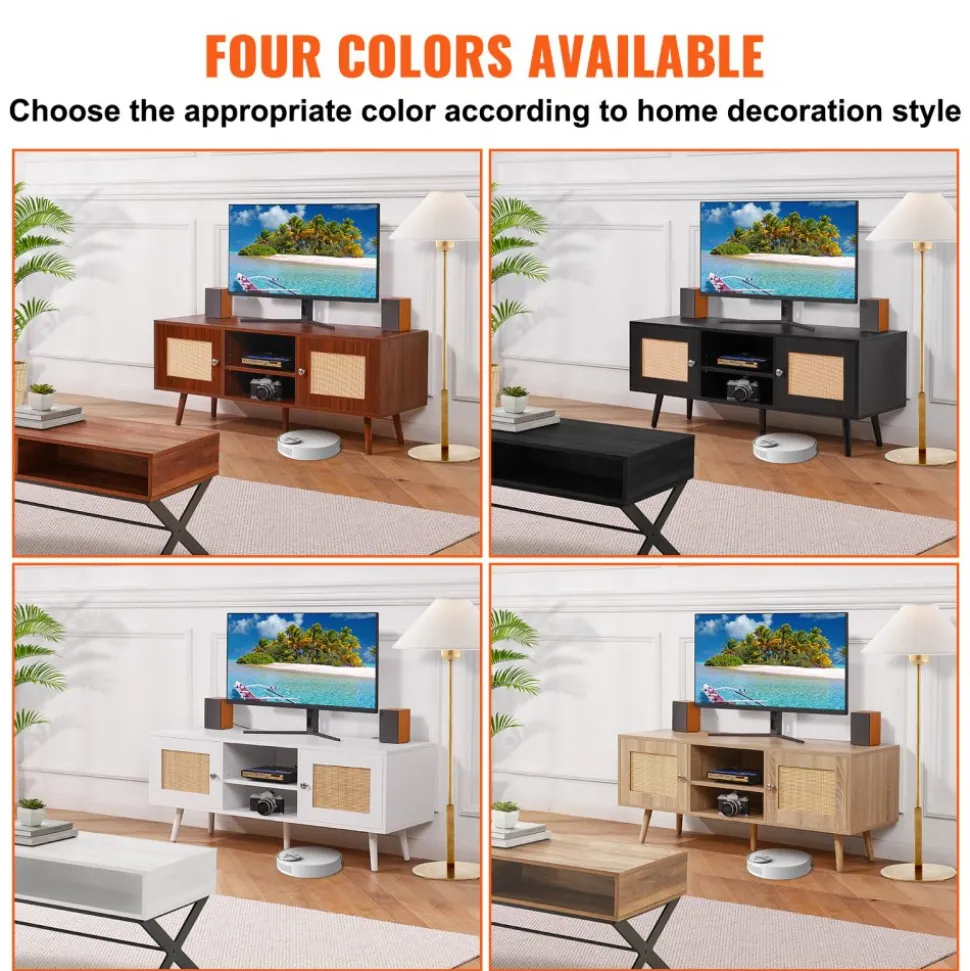 VEVOR Rattan TV Stand, Boho TV Cabinet for 55 inch TV, Mid Century Modern TV Stand, Rattan TV Console with Adjustable Shelfs for Living Room, Media Room, Black