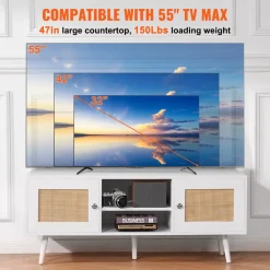 VEVOR Rattan TV Stand, Boho TV Cabinet for 55 inch TV, Mid Century Modern TV Stand, Rattan TV Console with Adjustable Shelfs for Living Room, Media Room, Black