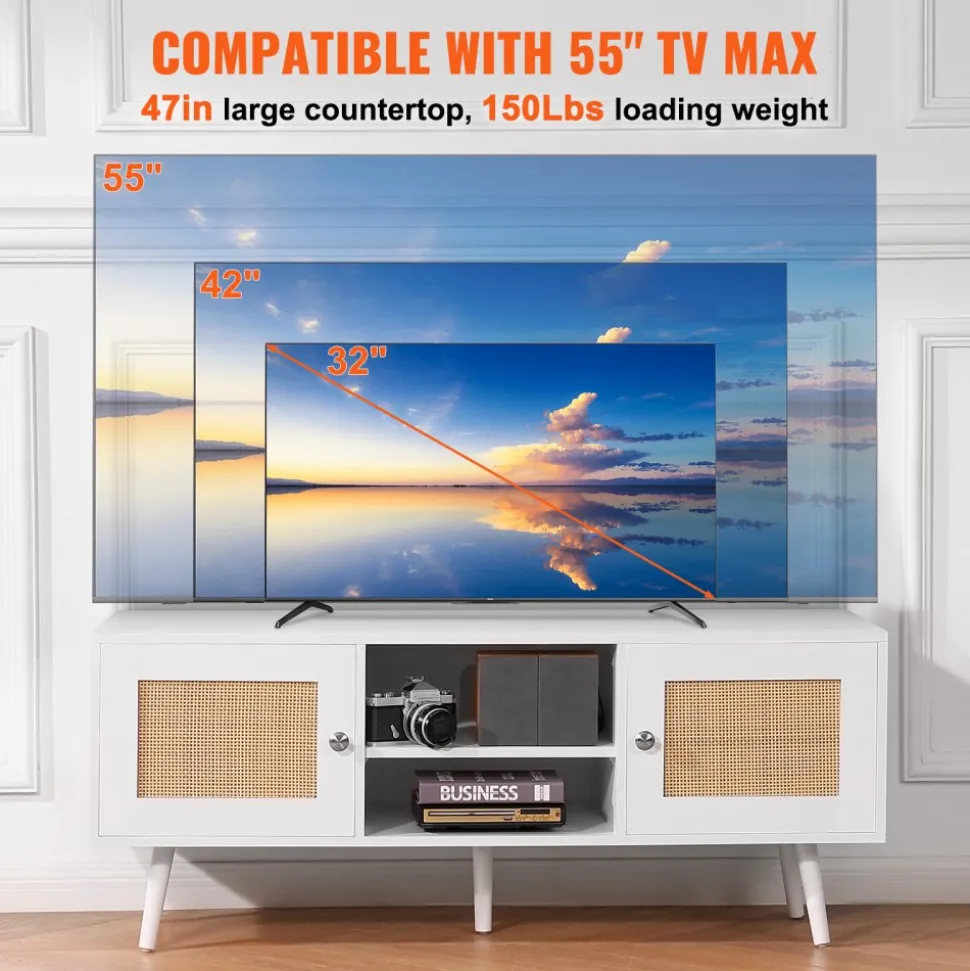 VEVOR Rattan TV Stand, Boho TV Cabinet for 55 inch TV, Mid Century Modern TV Stand, Rattan TV Console with Adjustable Shelfs for Living Room, Media Room, Black