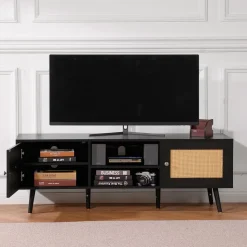 VEVOR Rattan TV Stand for 65 inch TV, Boho TV Stand with Rattan Door, Entertainment Center with Build-in Socket and USB Ports, Modern TV Console for Living Room, Media Room, Black