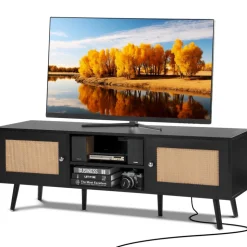 VEVOR Rattan TV Stand for 65 inch TV, Boho TV Stand with Rattan Door, Entertainment Center with Build-in Socket and USB Ports, Modern TV Console for Living Room, Media Room, Black