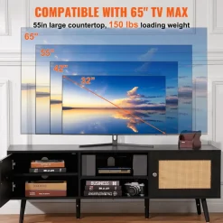 VEVOR Rattan TV Stand for 65 inch TV, Boho TV Stand with Rattan Door, Entertainment Center with Build-in Socket and USB Ports, Modern TV Console for Living Room, Media Room, Black