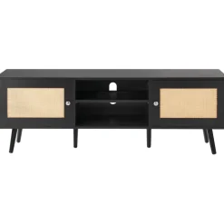 VEVOR Rattan TV Stand for 65 inch TV, Boho TV Stand with Rattan Door, Entertainment Center with Build-in Socket and USB Ports, Modern TV Console for Living Room, Media Room, Black