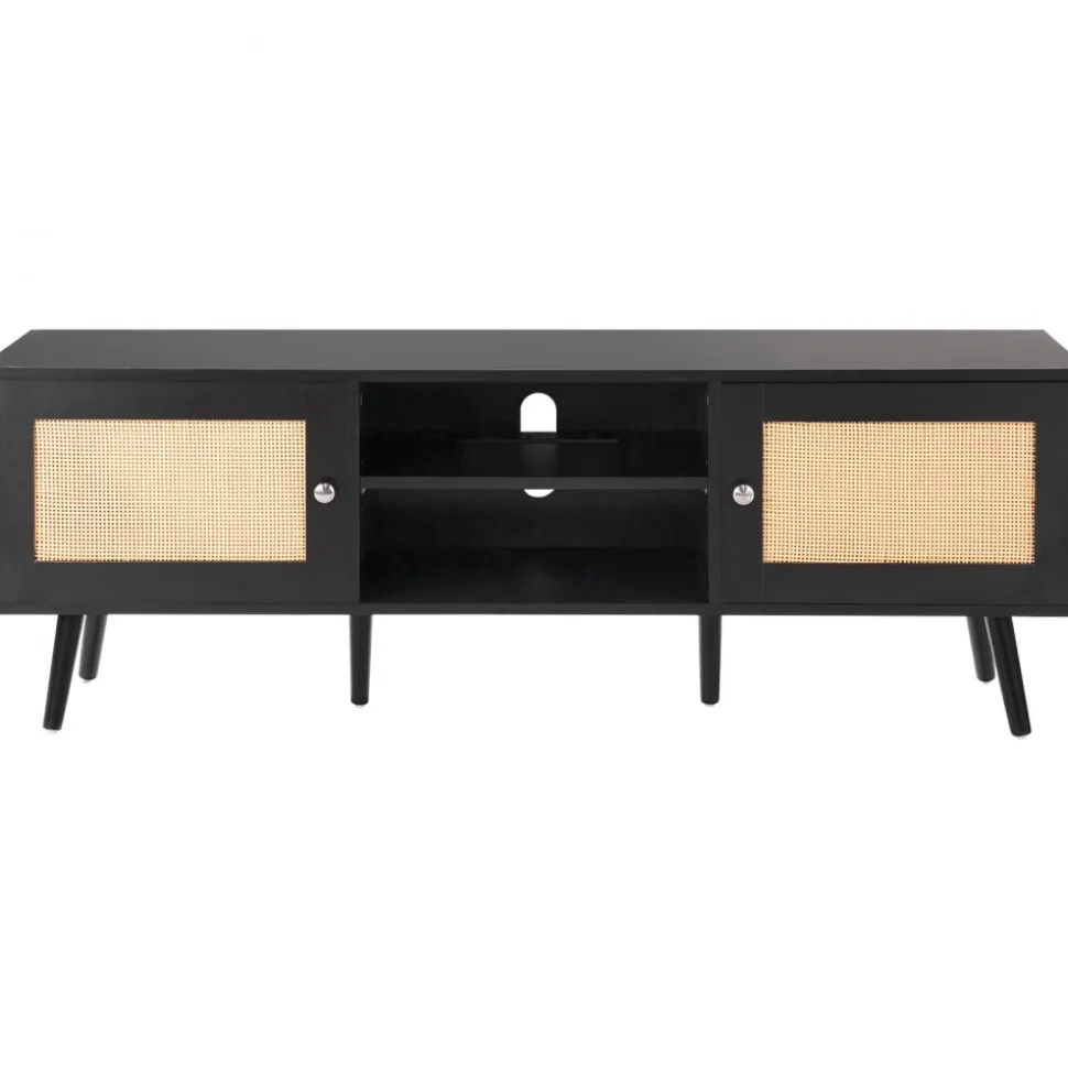 VEVOR Rattan TV Stand for 65 inch TV, Boho TV Stand with Rattan Door, Entertainment Center with Build-in Socket and USB Ports, Modern TV Console for Living Room, Media Room, Black