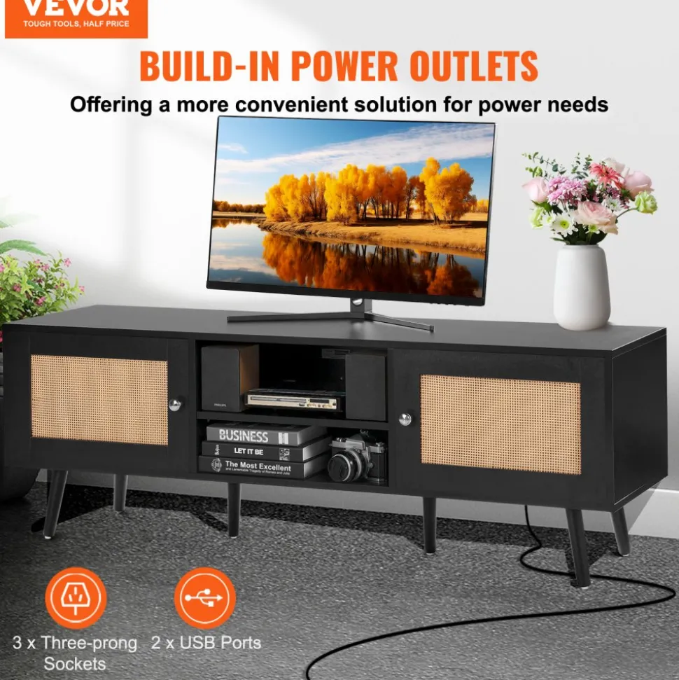 VEVOR Rattan TV Stand for 65 inch TV, Boho TV Stand with Rattan Door, Entertainment Center with Build-in Socket and USB Ports, Modern TV Console for Living Room, Media Room, Black