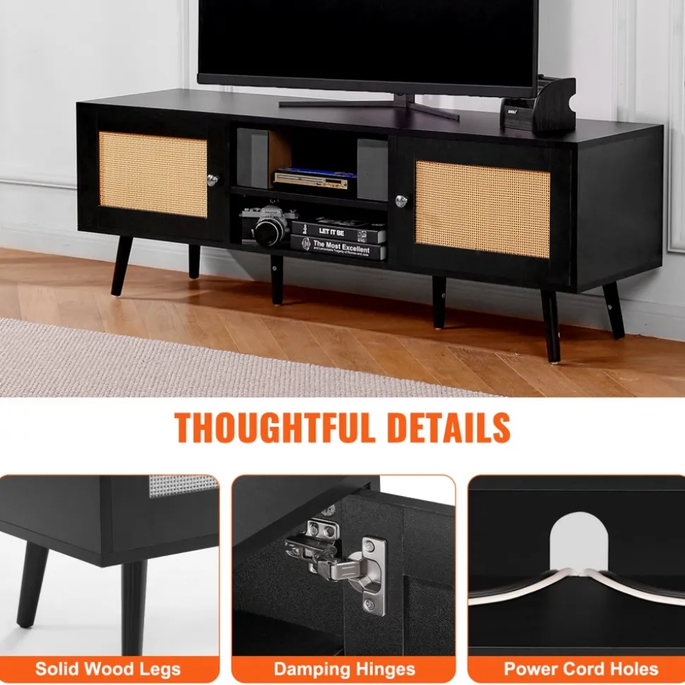 VEVOR Rattan TV Stand for 65 inch TV, Boho TV Stand with Rattan Door, Entertainment Center with Build-in Socket and USB Ports, Modern TV Console for Living Room, Media Room, Black