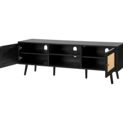 VEVOR Rattan TV Stand for 65 inch TV, Boho TV Stand with Rattan Door, Entertainment Center with Build-in Socket and USB Ports, Modern TV Console for Living Room, Media Room, Black